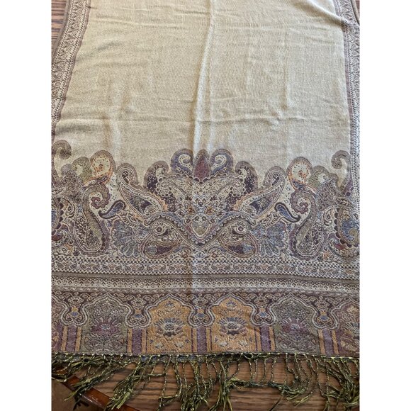 Tan brown paisley blanket scarf with fringe - Picture 5 of 6